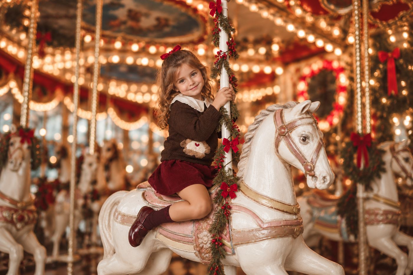 Niña en el caballito de carrusel de las sesiones de fotos de Navidad en Totana (imagen de ejemplo generada con IA)