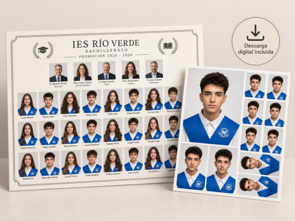 Orla escolar 30×40 con el lote de fotos del alumno y descarga digital incluida (imagen creada con IA)