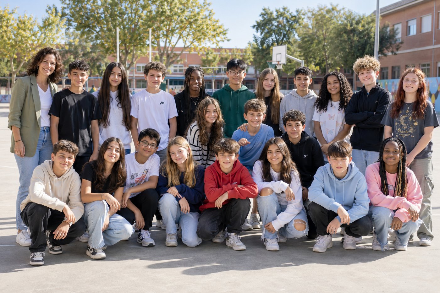 Foto de grupo de una clase en el patio del centro (imagen creada con IA)