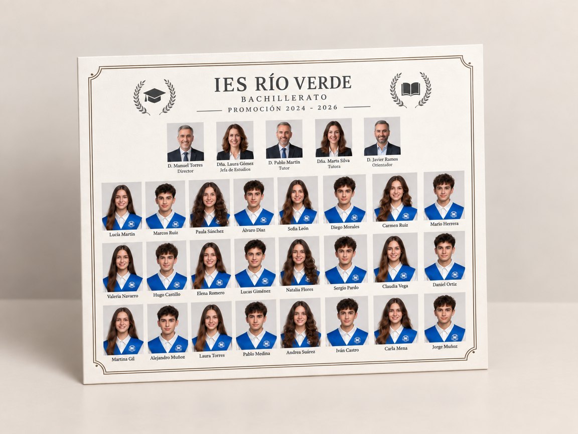 Orla escolar de Bachillerato 30×40 con fotos de alumnos y profesorado (imagen creada con IA)