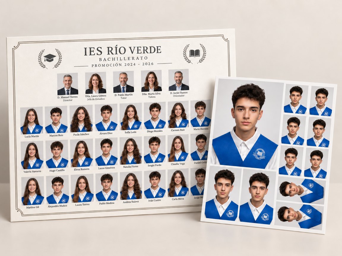 Orla escolar 30×40 junto al lote de fotos del alumno sin cortar (imagen creada con IA)