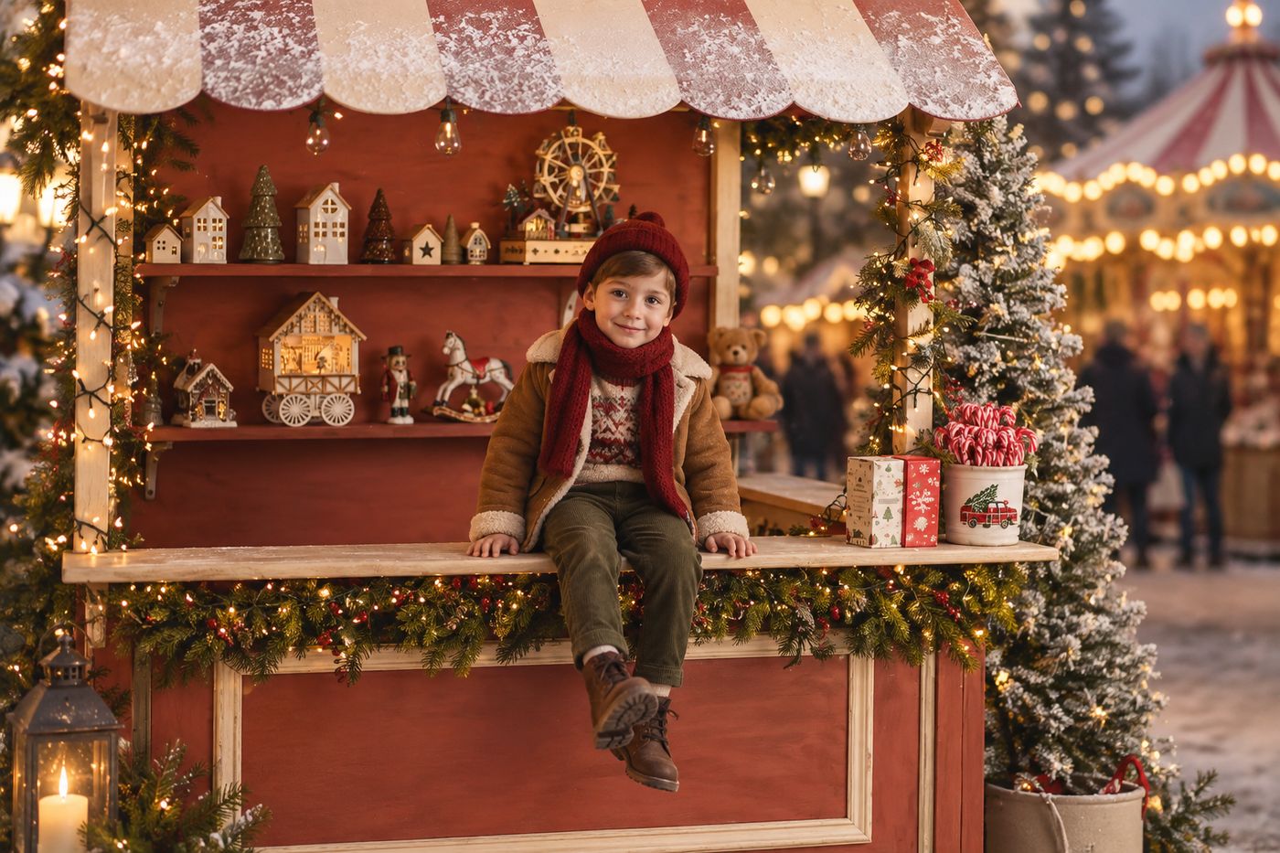 Niño con abrigo, bufanda y gorro sentado en el puesto del mercadillo navideño (imagen de ejemplo generada con IA)