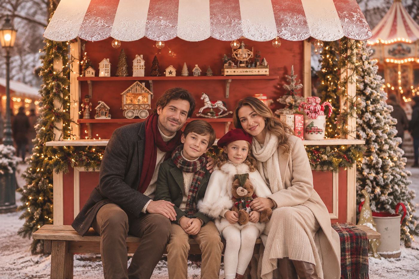 Familia en el puesto del mercadillo de Navidad (imagen de ejemplo generada con IA)