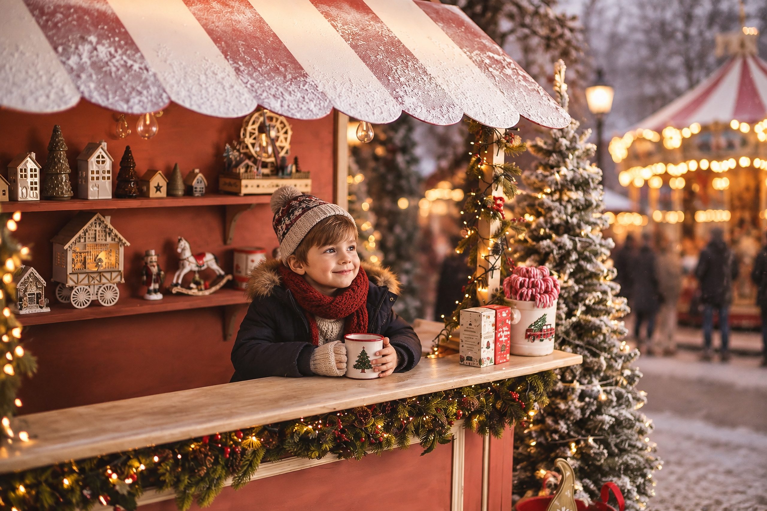 Niño en el puesto del mercadillo de Navidad con una taza (imagen de ejemplo generada con IA)